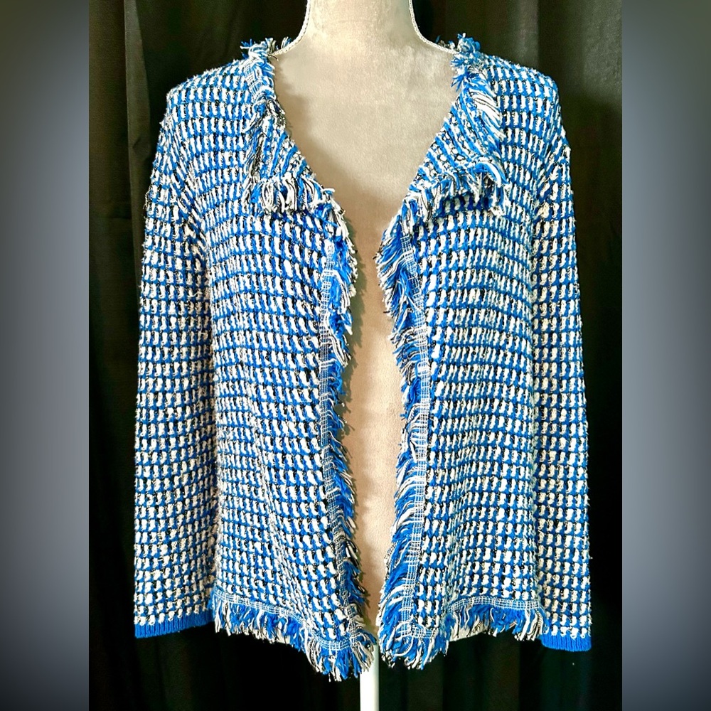 Kasper Blue, White, Black Waffle Knit Jacket w/ Fringe, Size Petite M